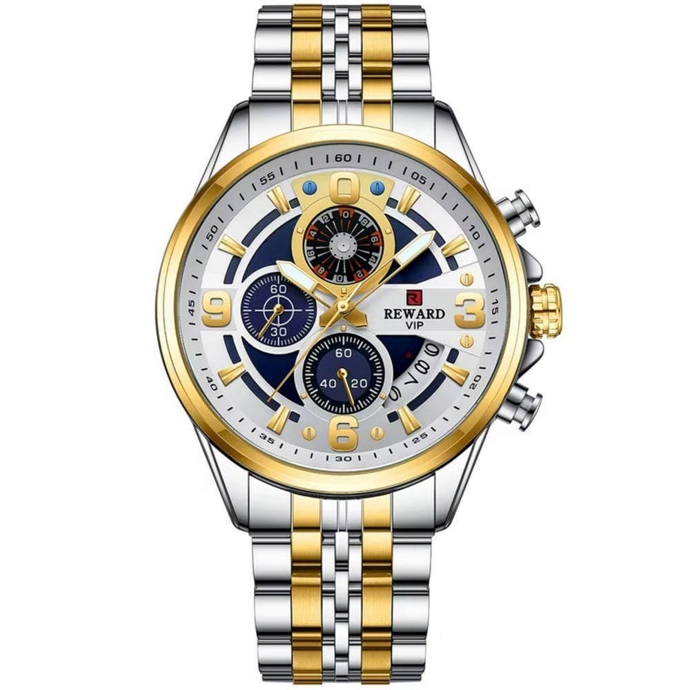 Relógio Masculino Esportivo De Quartzo De Aço Inoxidável À Prova Da Água Prata Dourado