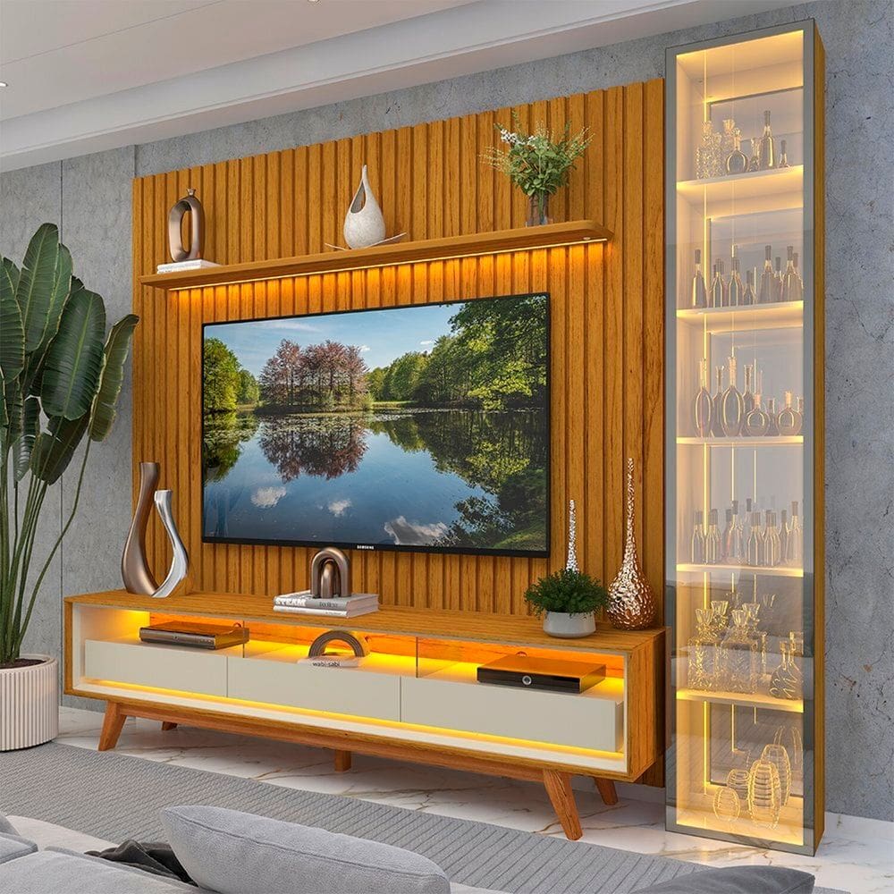 Rack com Painel para Tv até 85” 3g1p Led/pés Mad/esp 266,8cm 100% Mdf Nobre Clean/requinte/luminare Naturale/Off White