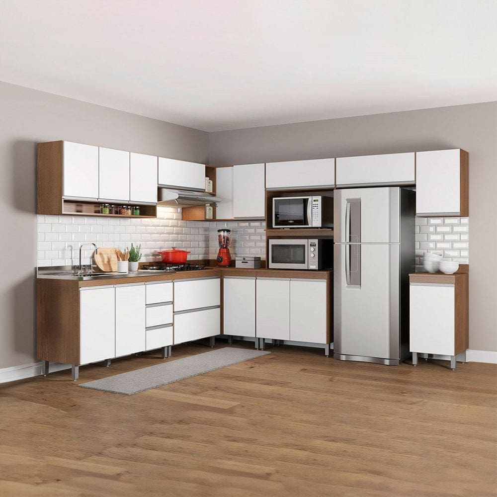 Armário de Cozinha de Canto Modulada Sabrina 252/294x202 Cm 10 Peças MDP Menu Móveis