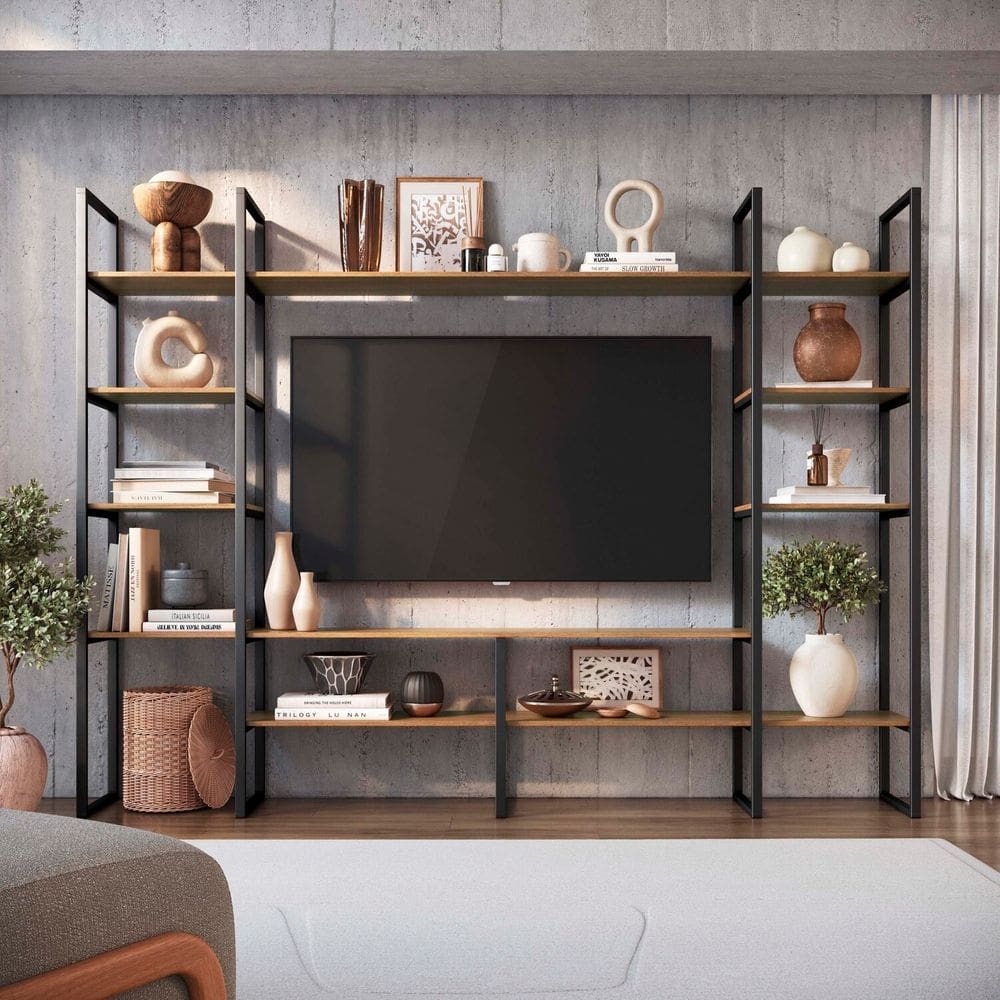 Estante para Tv 55 Polegadas em Ferro com Mdf Estilo Industrial Madrid Preto