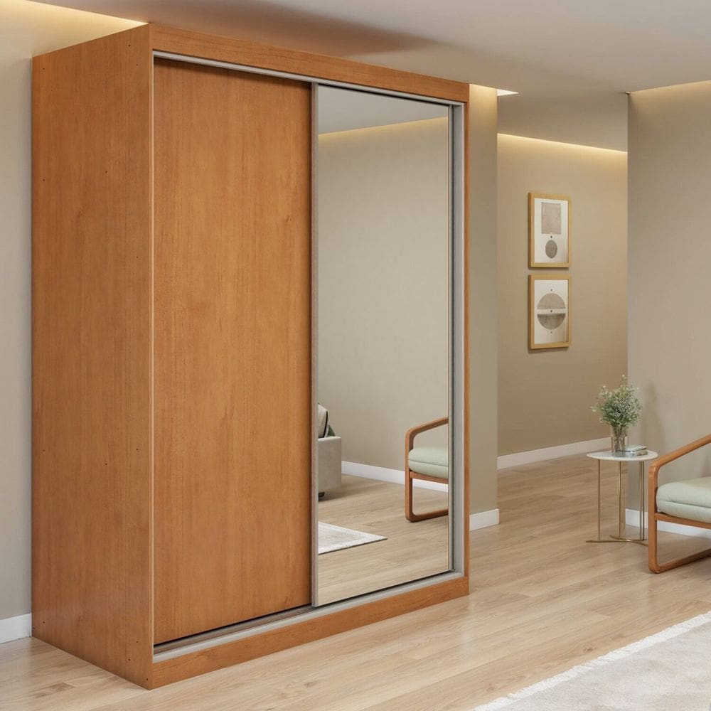 Guarda-roupa Nord 2 Portas 1 Porta Glass 2 Gavetas 100% Mdf Quadrix Amêndoa Clean/Off White