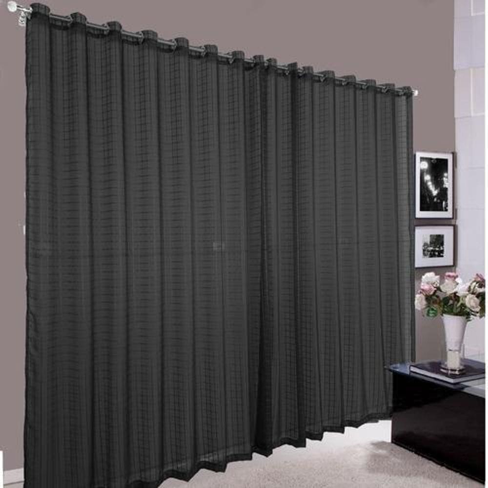 Cortina Sala Quarto Grande Voal Quadriculado Preto 5,00X2,80