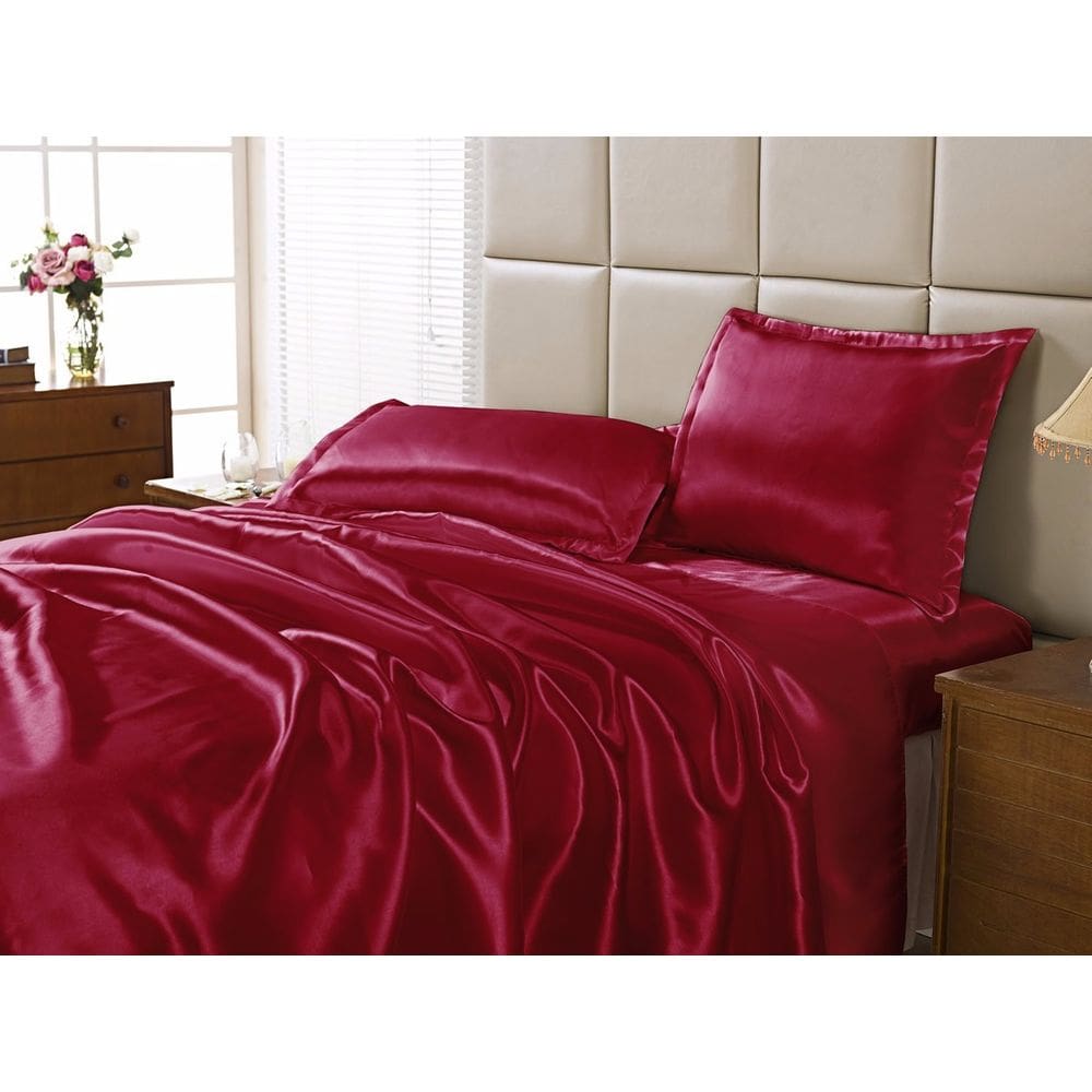Jogo Lençol Casal Queen Cetim Seda Vermelho Com Vira 4 Peças