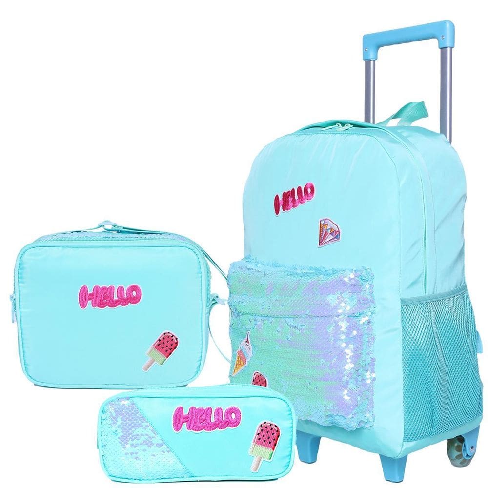 Kit Mochila De Rodinha Estojo Lancheira Impermeável - Verde