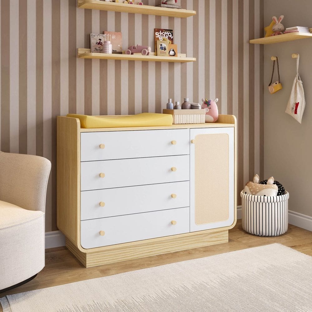 Cômoda 4 Gavetas e 1 Porta em Rattan Wave Casatema Natural/Branco