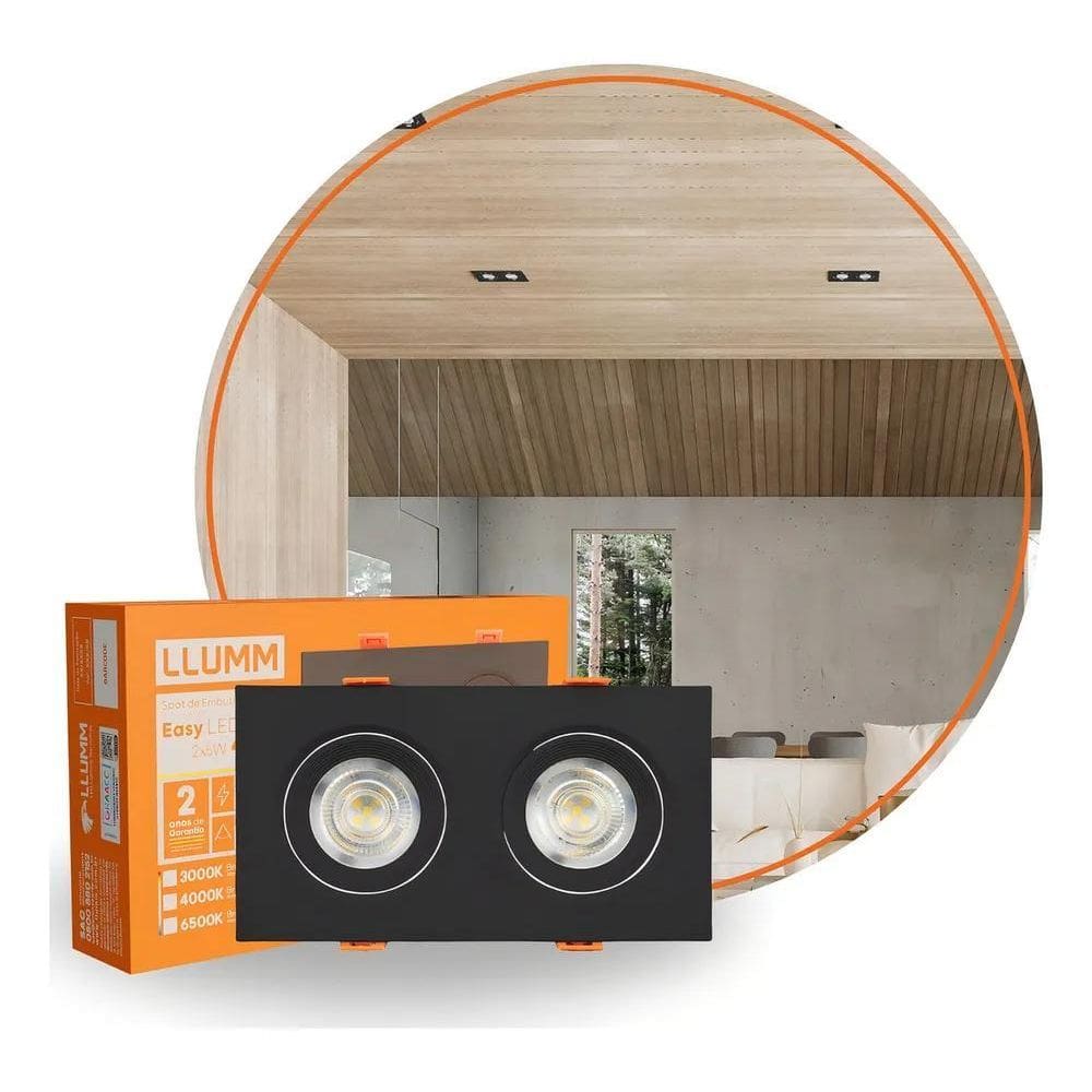 2X Spot Easy Led 10W Preto Duplo Plano Embutir Quadrado 6500