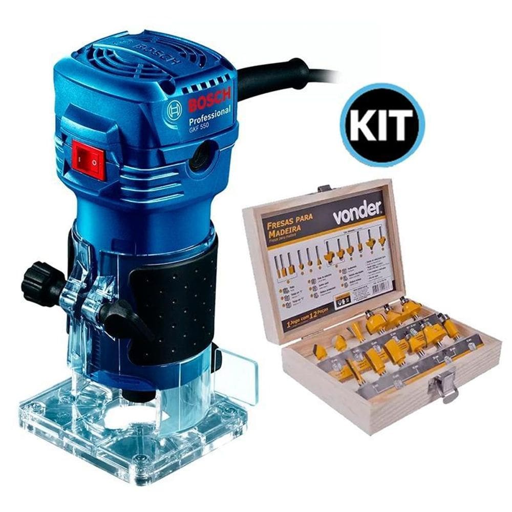 Tupia Bosch 550W Gkf 550 220V + Jogo Fresas Madeira 6Mm 12