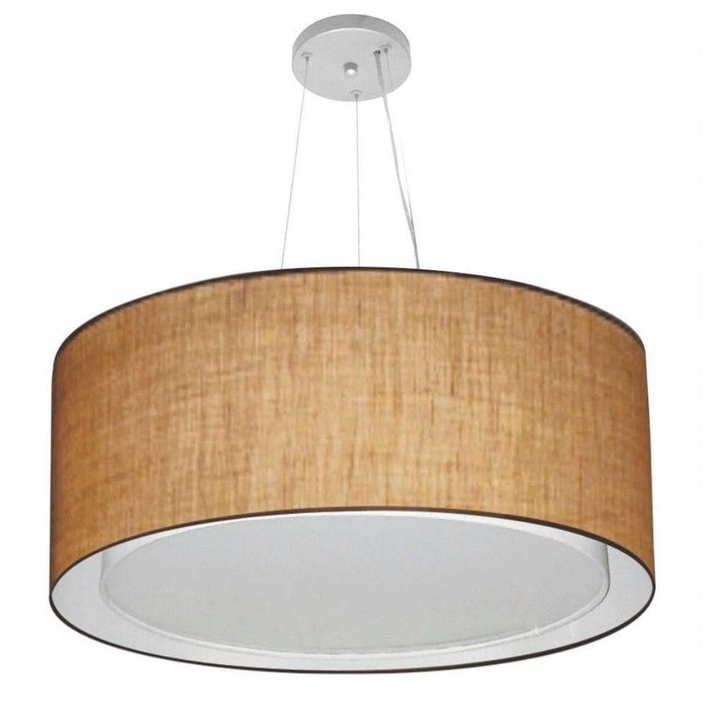 Lustre Pendente Cilíndrico Duplo Vivare Md-4302 Cúpula Em Tecido 60x30cm - Bivolt Palha 127/220v