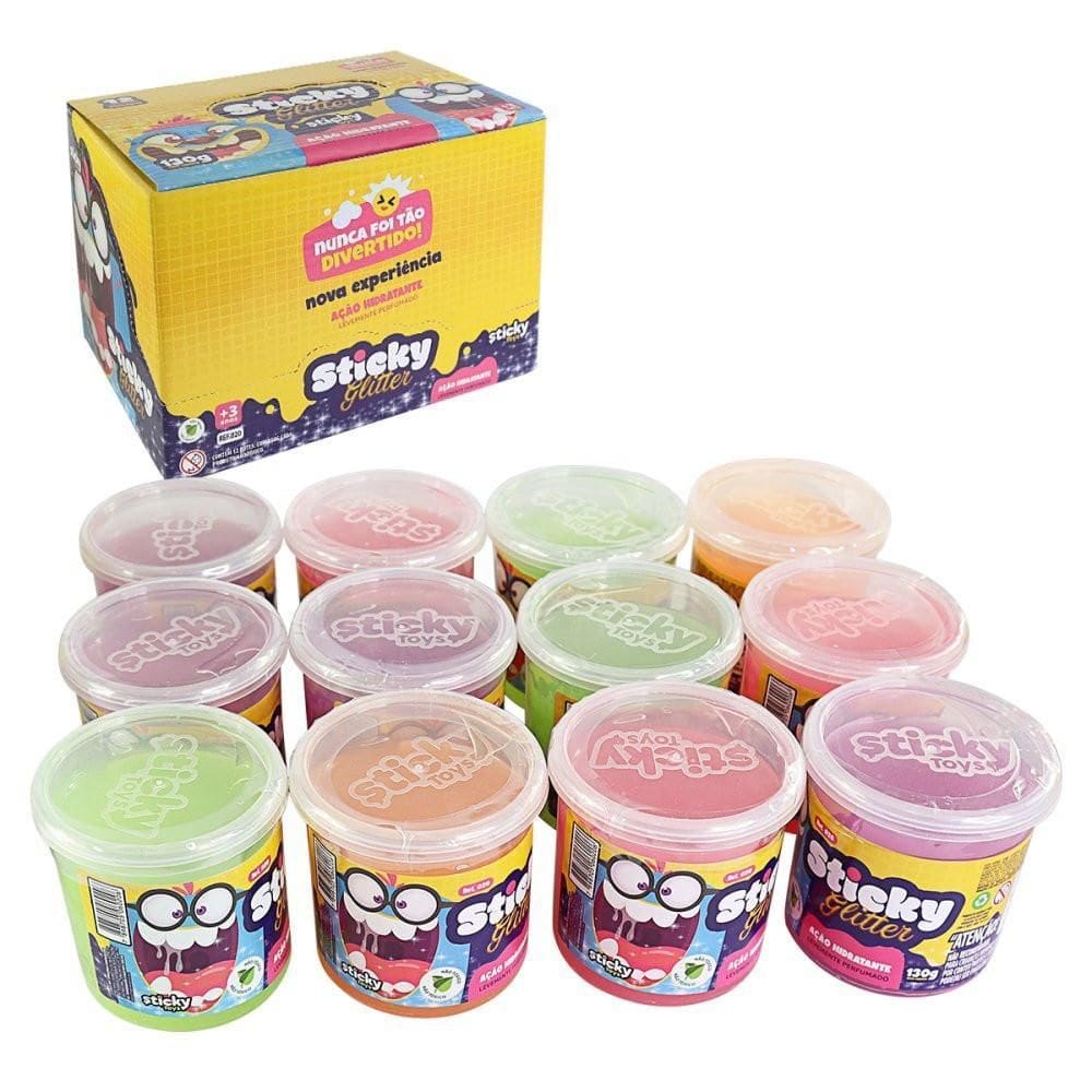 Caixa 12 Potes Slime Geleca 130G Coloridas Glitter -