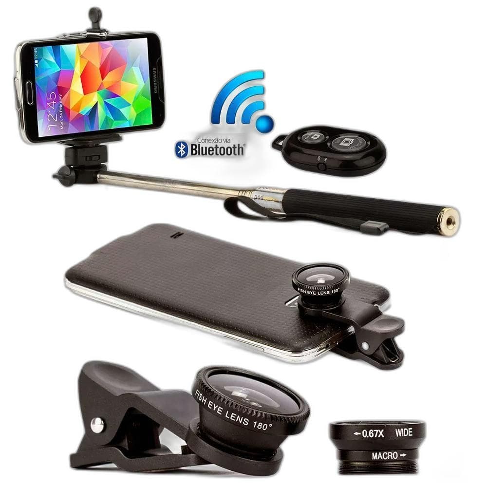 Pau De Selfie Bastão Monopod Com Controle + Lentes Preto