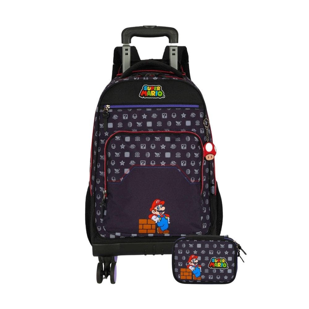 Kit Mochila 4 Rodas 360º+Estojo Box Super Mario - Preto