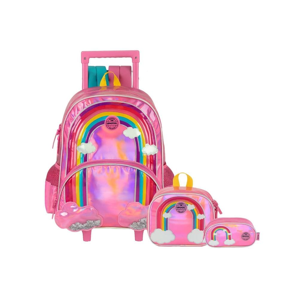 Kit Arco Íris Mochila Rodas E Costas + Lancheira + Estojo