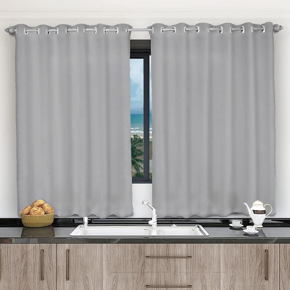 Cortina Para Cozinha Voil Cinza 2,80X1,20 Forro Microfibra