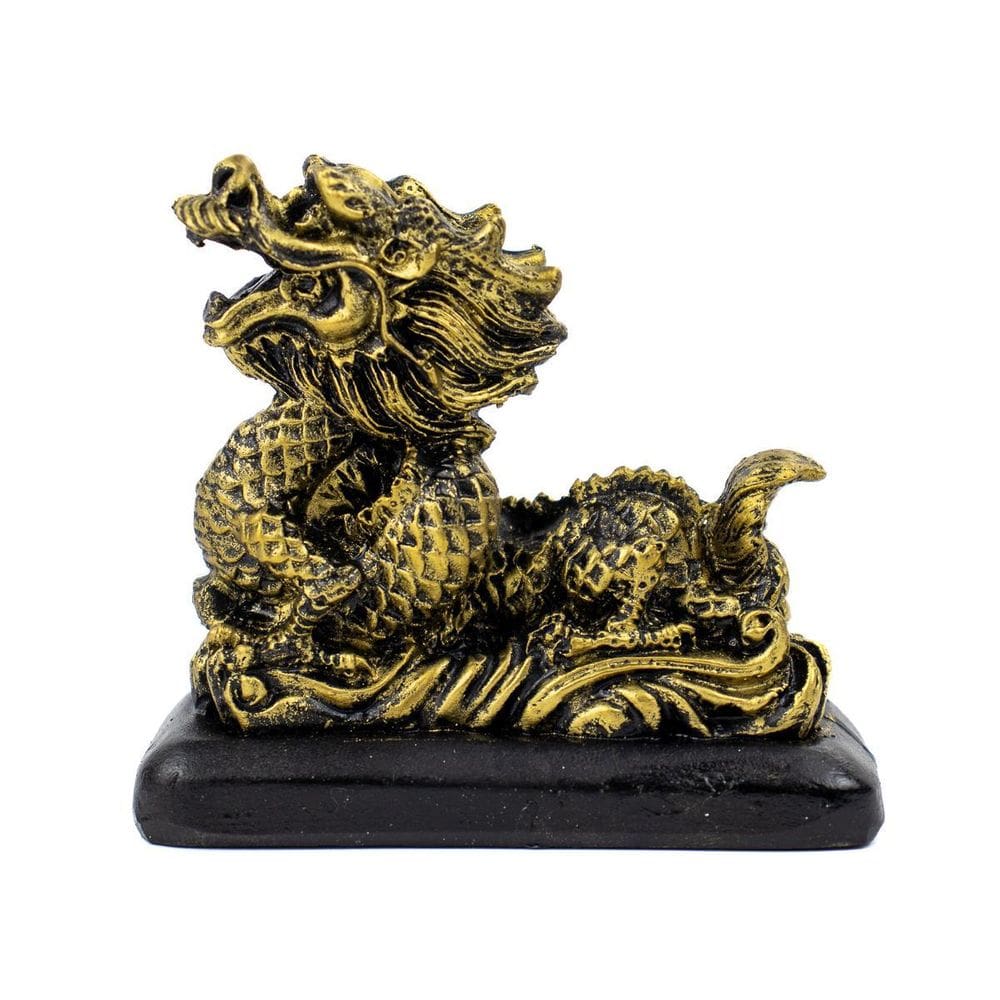 Escultura Dragão Chinês Proteção Dourado Resina 7 Cm