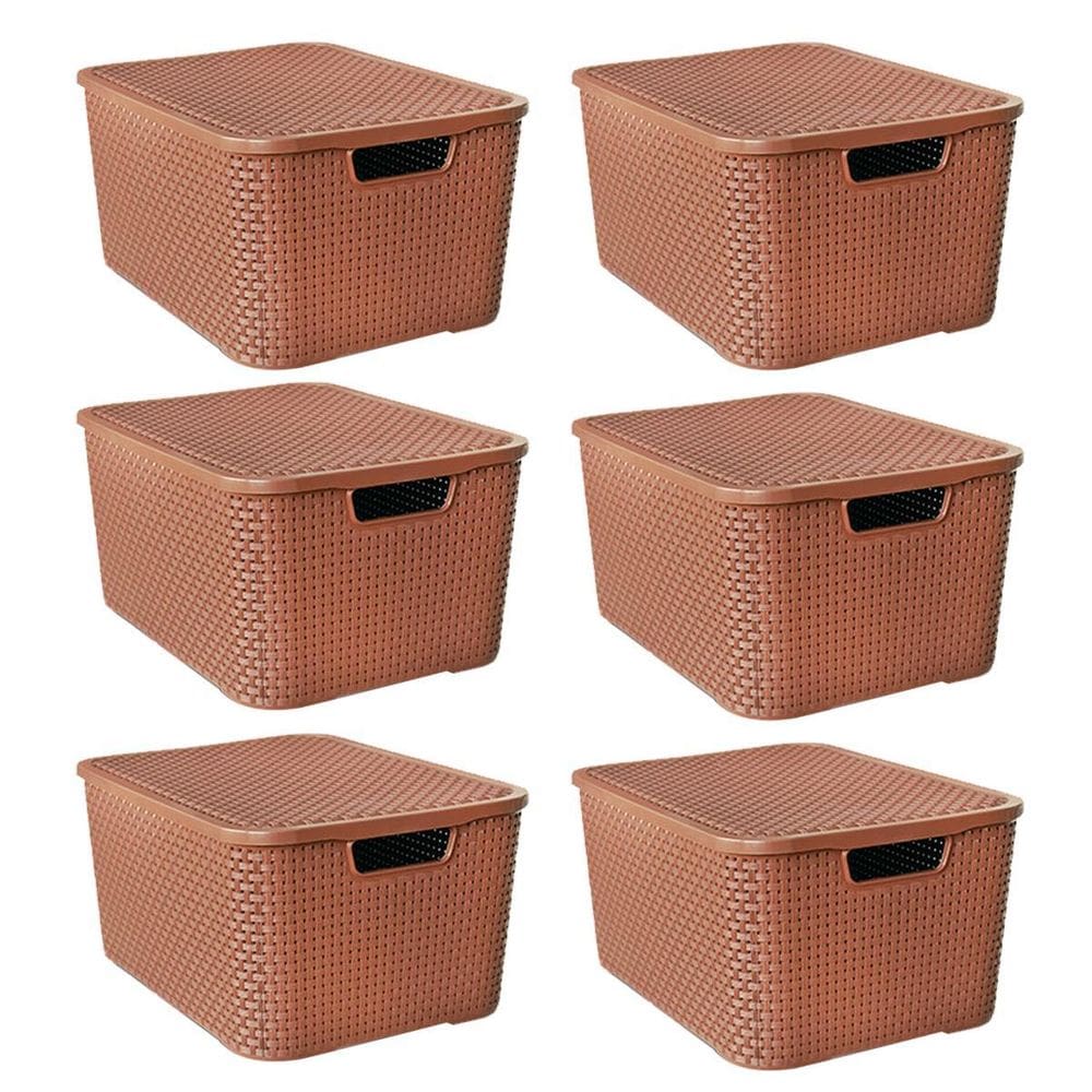 Kit 6 Caixas Organizadoras Rattan Marrom 40 Litros Tampa 256