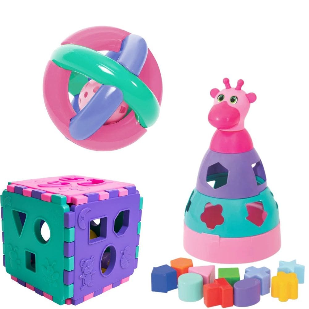 Kit Rosa Cubo Didático Girafa Bola Maluquinha Brinquedo Bebe