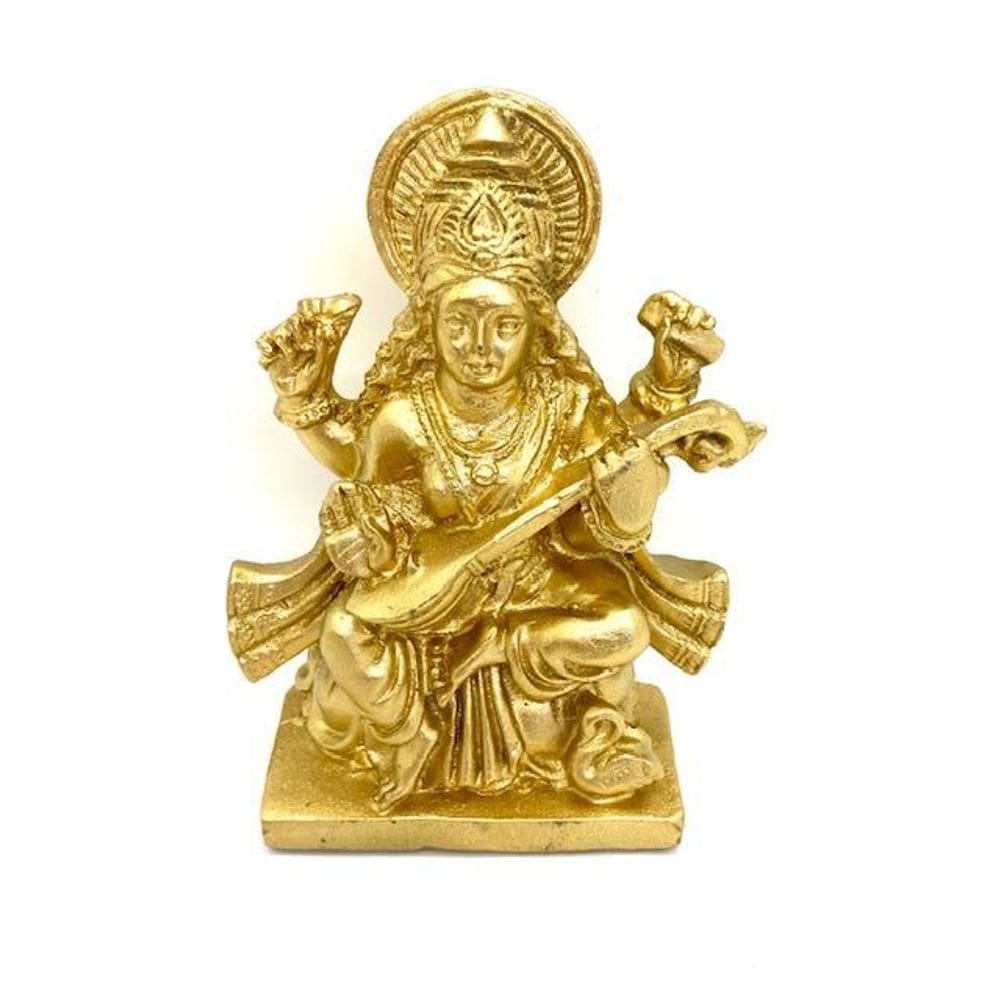 Escultura Deusa Saraswati Dourada 11 Cm Em Resina