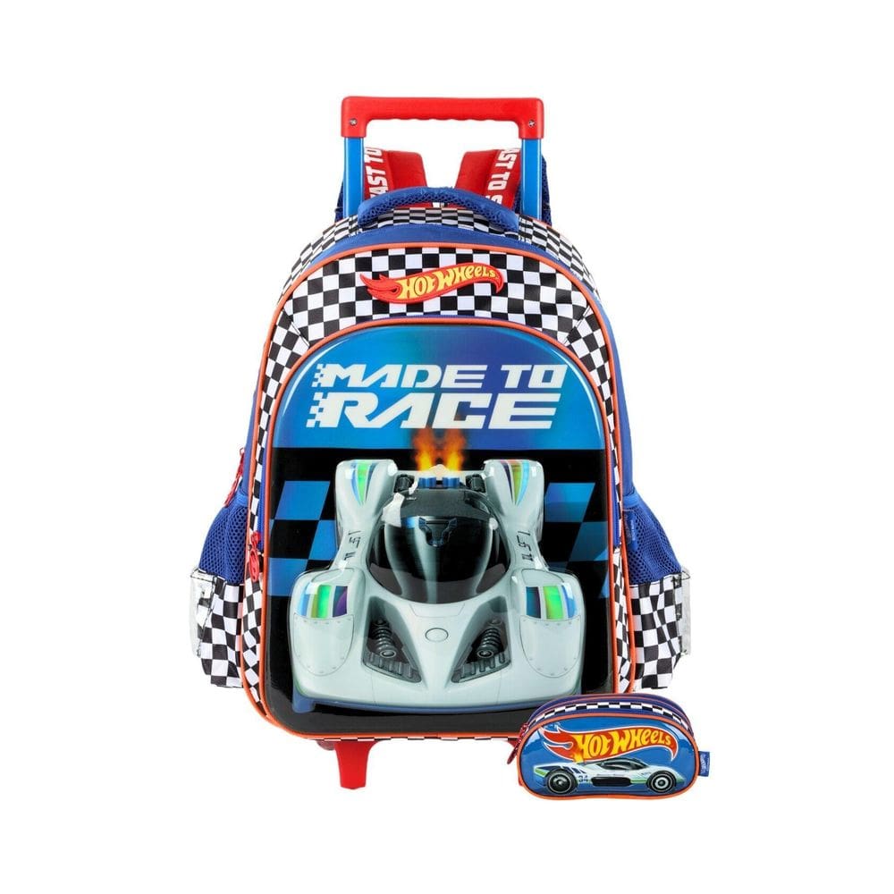 Kit Escolar Mochila Rodas+Estojo Hotwheels - Azul