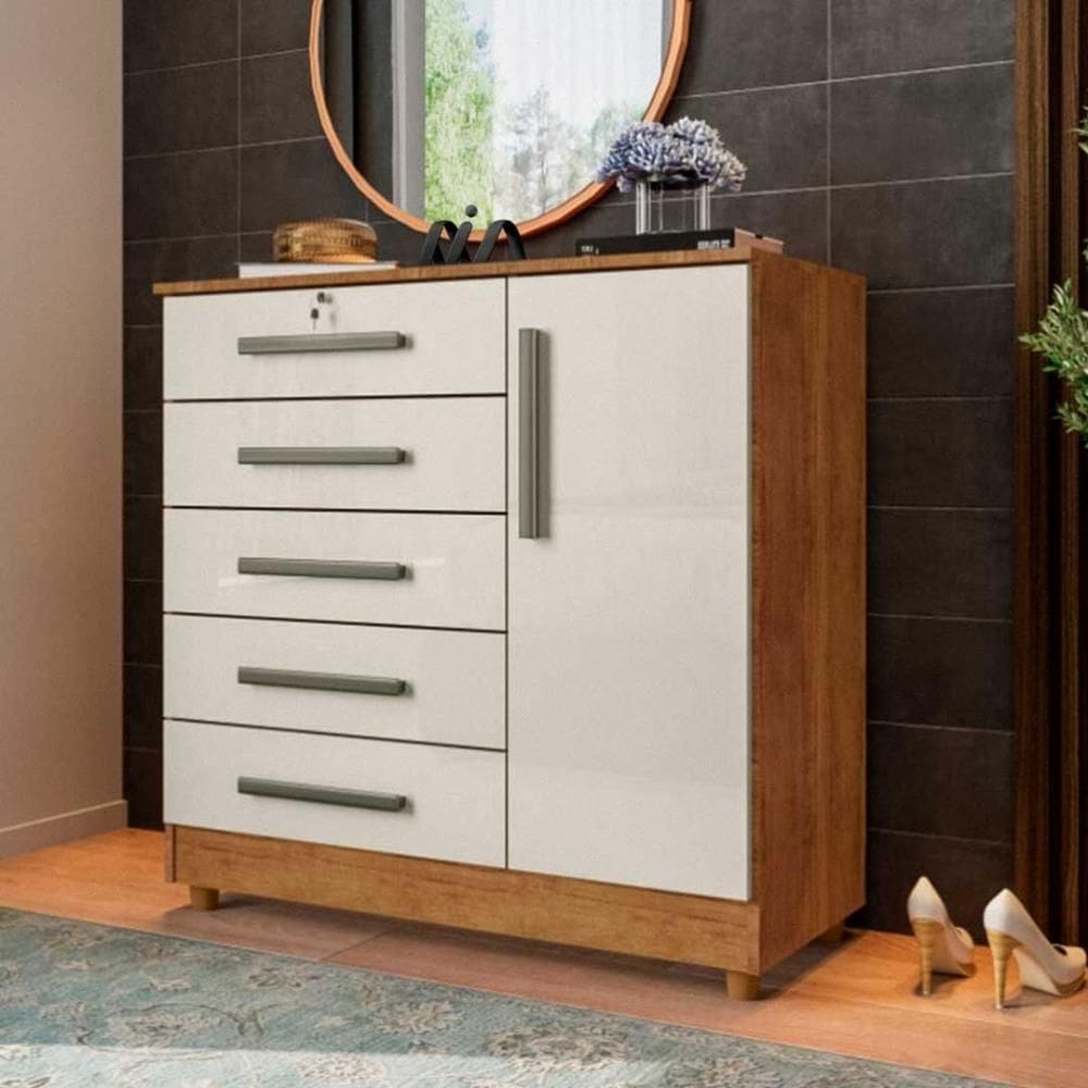 Cômoda Grande 5 Gavetas 1 Porta Com Chave Elegante Cedro / Areia Repleta Cedro/areia