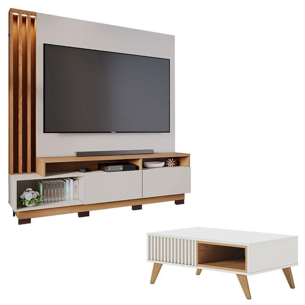 Estante Home Theater Humaitá Com Pés Off White Matte Freijó e Mesa de Centro Jeri Off White Freijó - Colibri