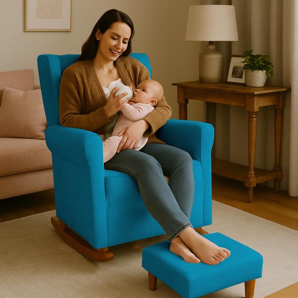 Poltrona Aquila Amamentação Balanço e Puff Baby Turquesa