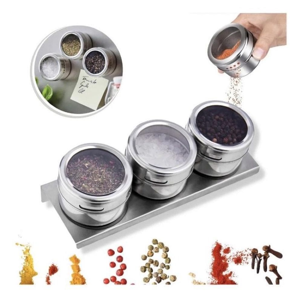 Porta Tempero Condimento Magnético Inox 3Potes Imã Geladeira