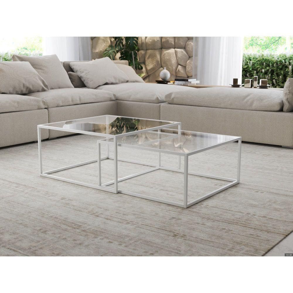 Mesa De Centro Industrial Moderna Atemporal Duo Catarina Branco E Tampo De Vidro