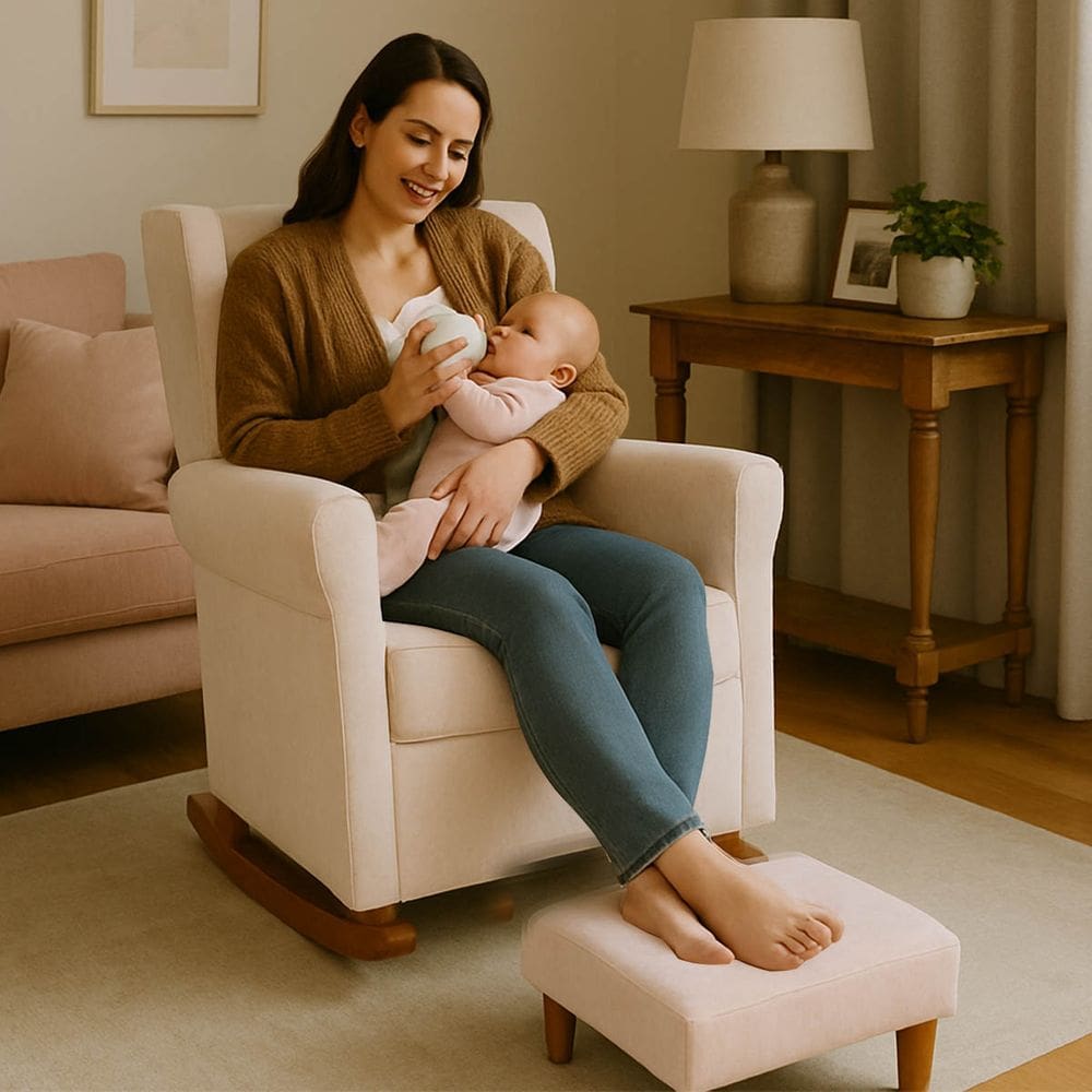 Poltrona Aquila Amamentação Balanço e Puff Baby BegeClaro