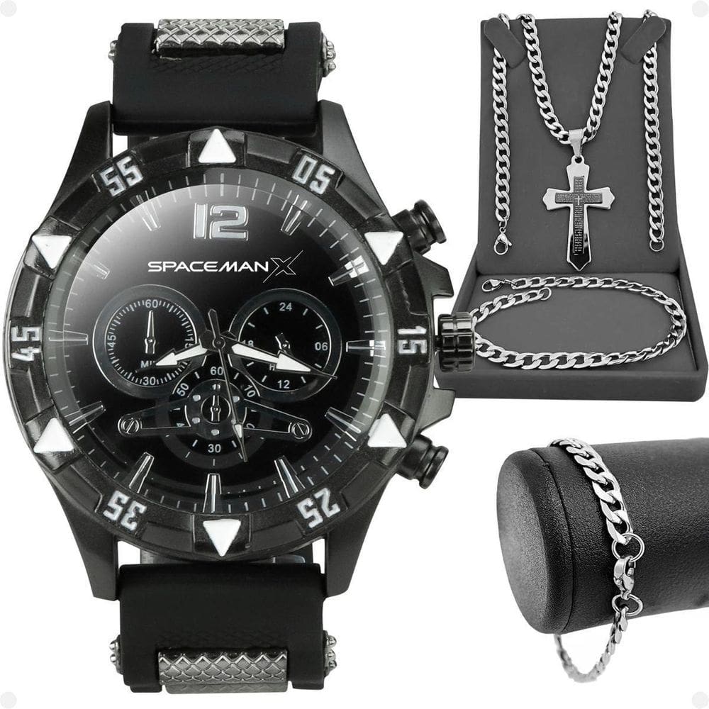 Relogio Masculino Preto + Cordão Prata Grumet + Pulseira