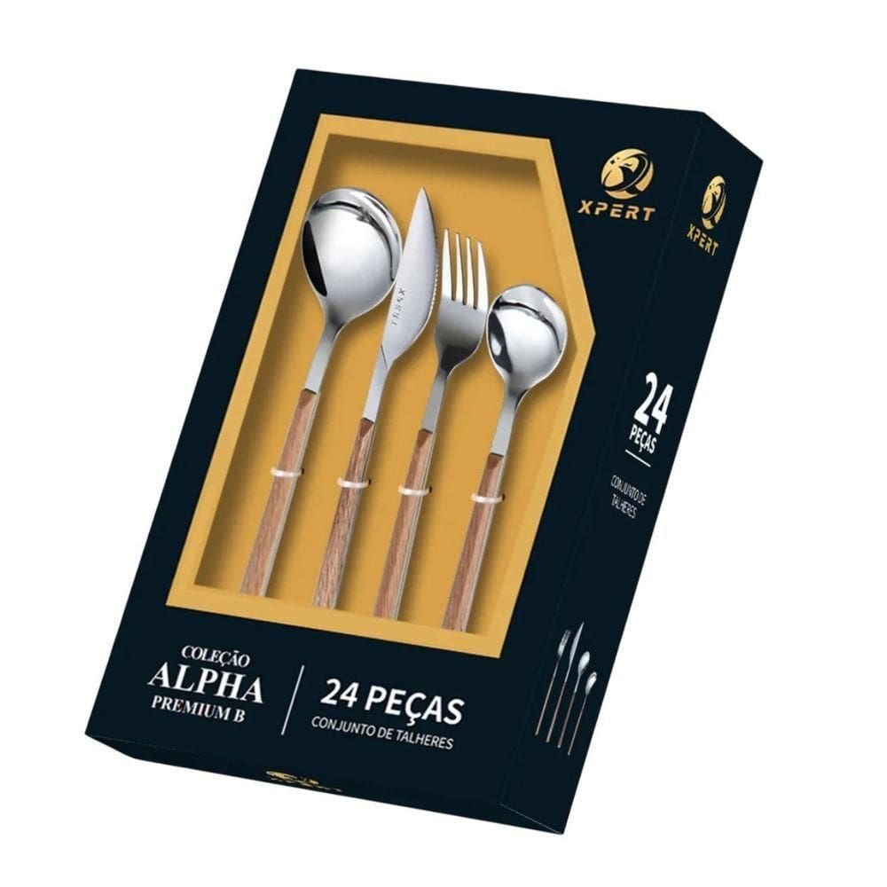 Jogo De Talheres 24 Peças Madeira Inox Premium Para Churrasco