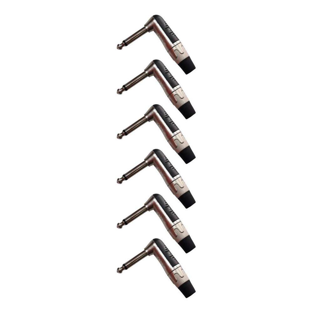 Kit 6 Plug P10 Macho Mono Niquelado L 90º Profissional Mxt