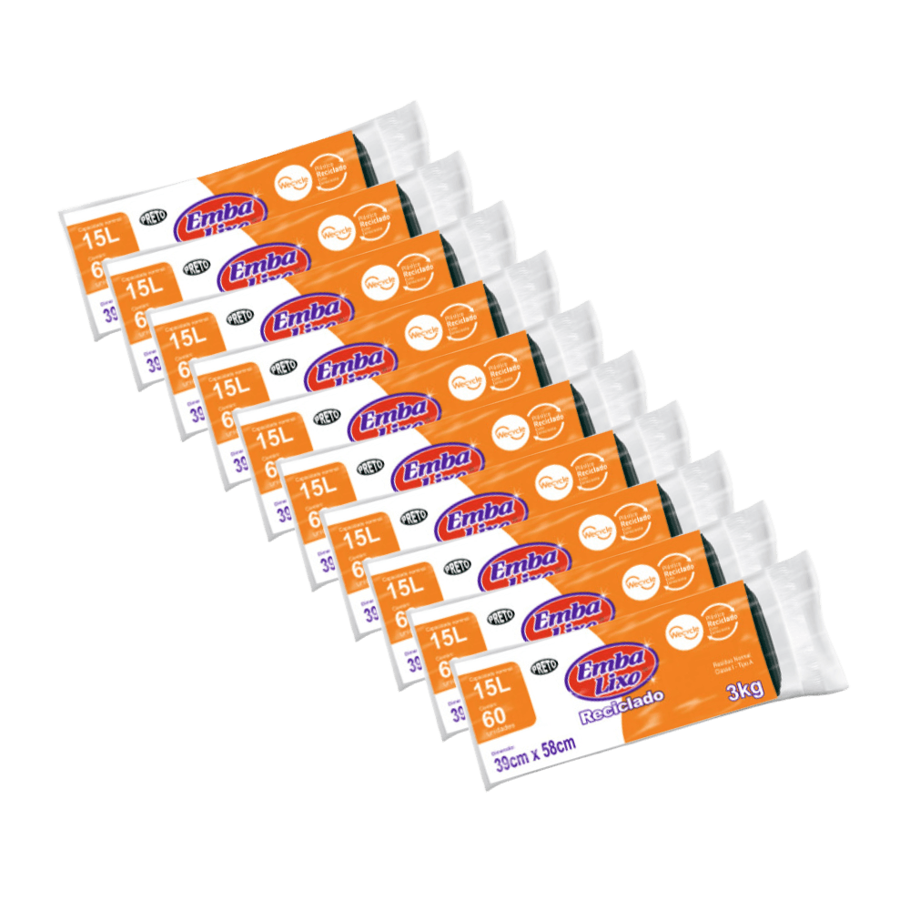 Kit 10 Pacotes de Saco de Lixo 15 Litros Preto Embalixo com 60 unidades Cada