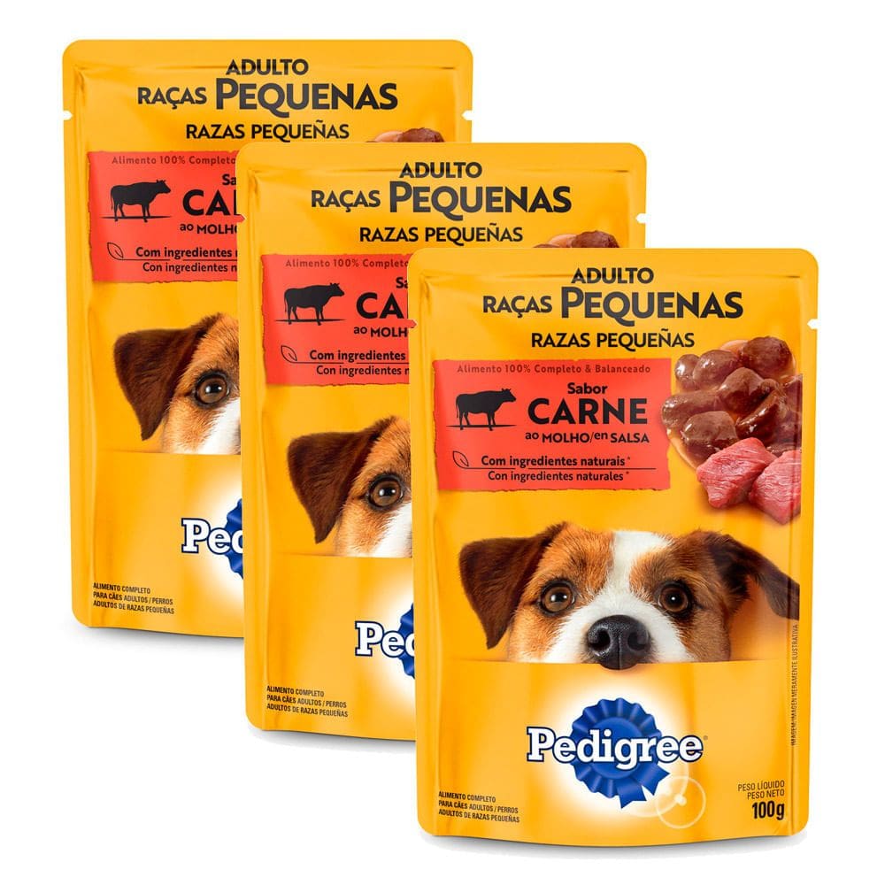 Kit 3 Ração Úmida para Cachorro Pedigree Adulto Raças Pequenas Carne ao Molho 100g