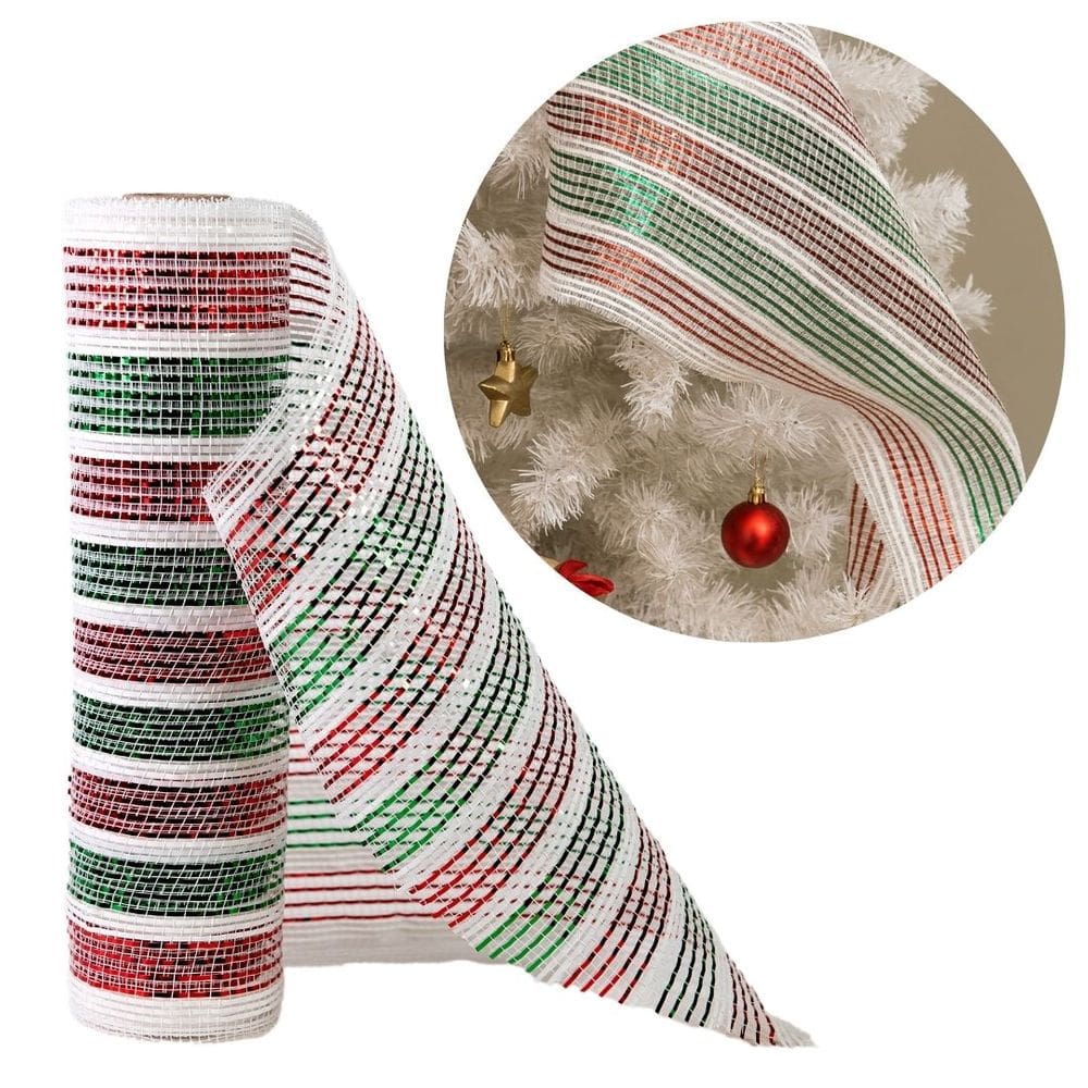 Tela Malha Tule Decorativa Natal Candy Tricolor Vermelho Verde e Branco 25cm x 5m Premium