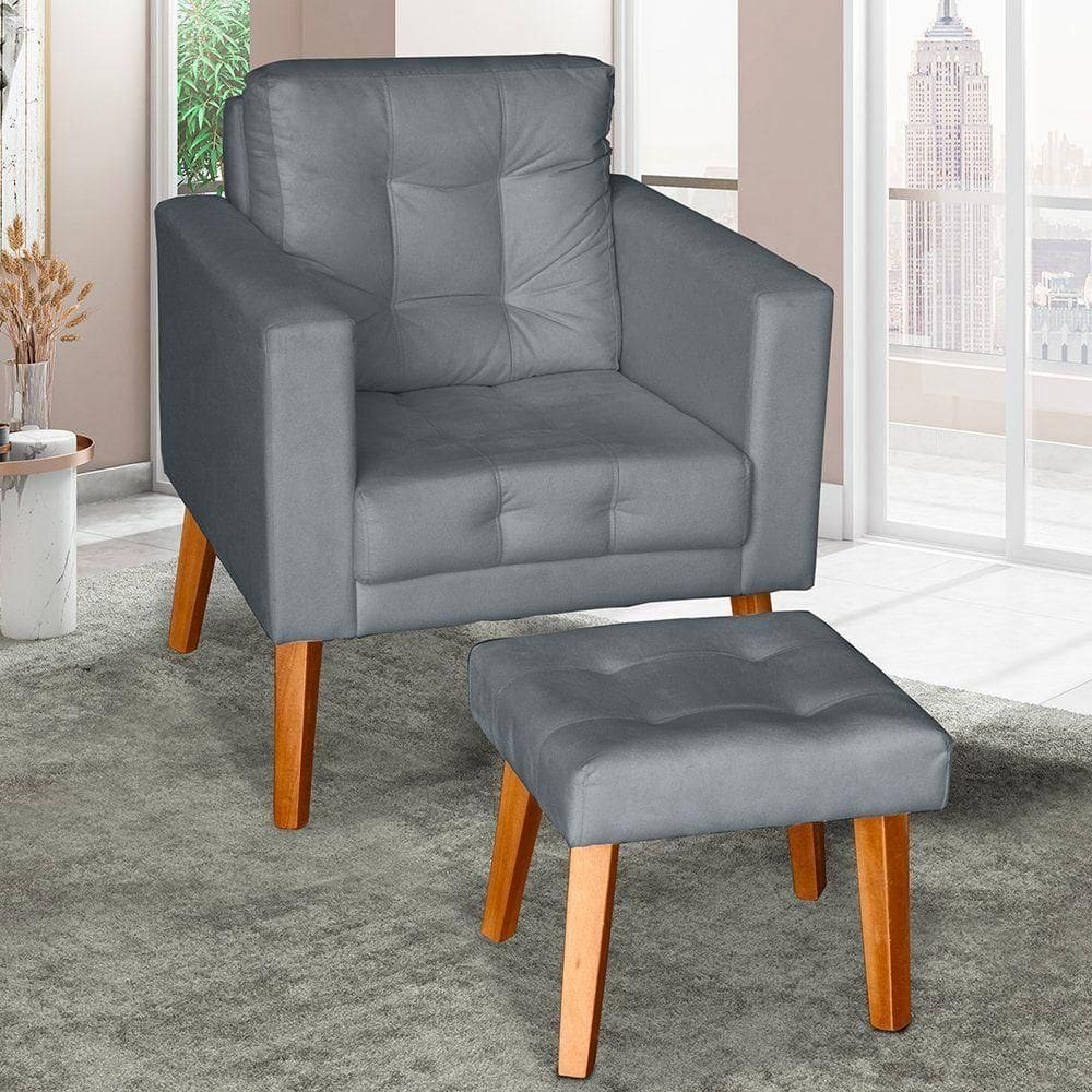 Sofá/poltrona/cadeira Decorativa Glamour Dubai Com Puff E Pés Em Madeira Cinza