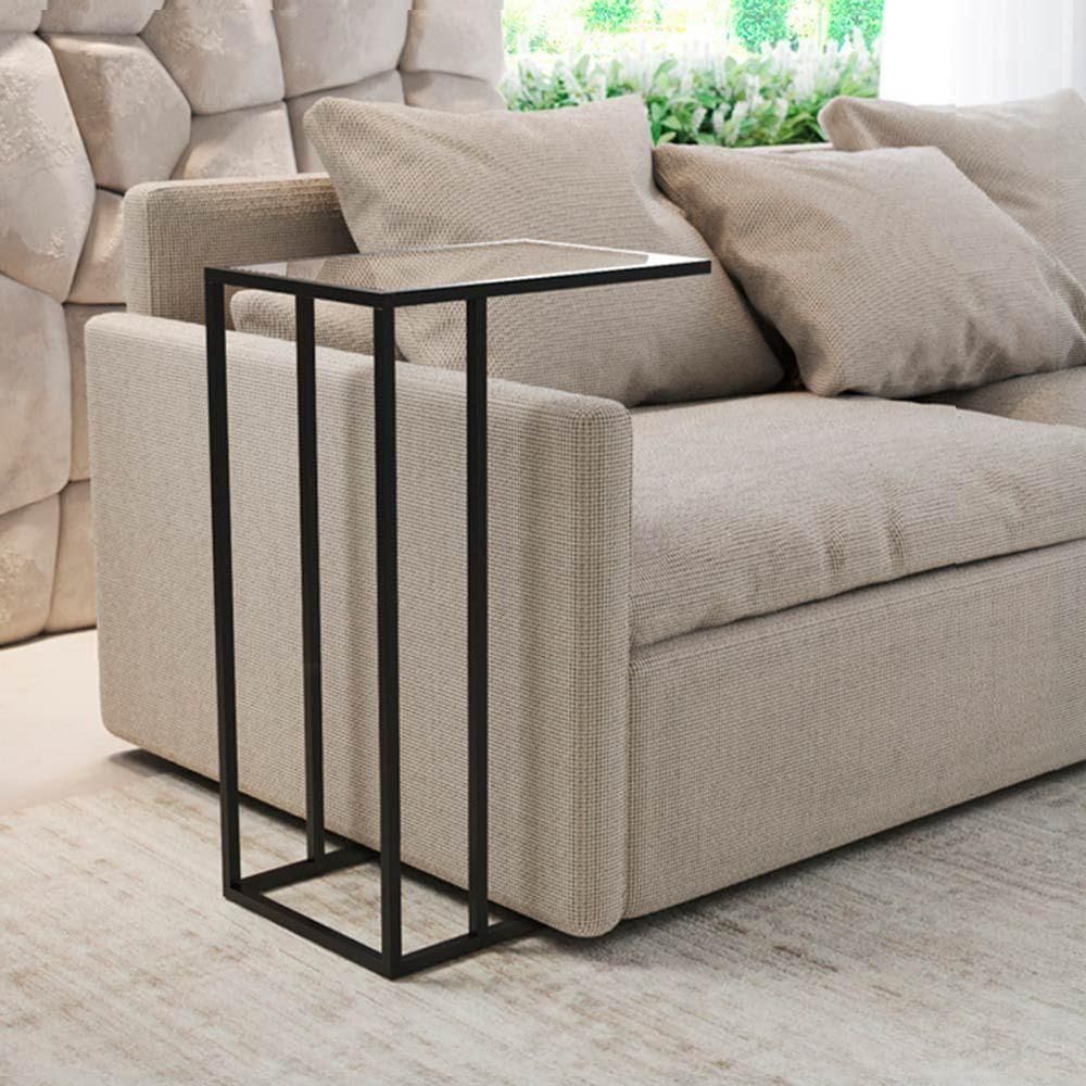 Mesa Lateral Elena Industrial Preto Com Tampo De Vidro