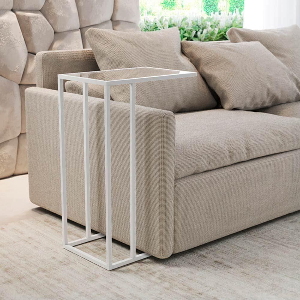 Mesa Lateral Elena Industrial Branco Com Tampo De Vidro