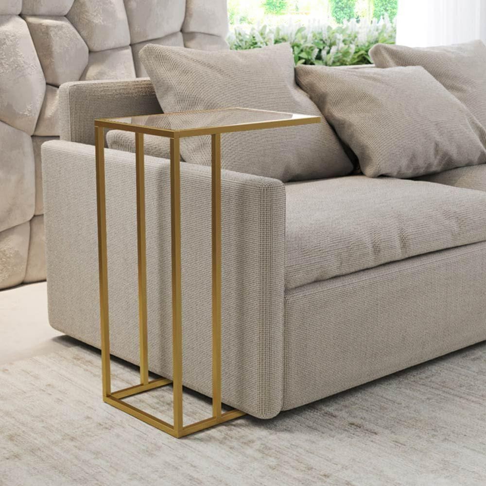 Mesa Lateral Elena Industrial Dourado Com Tampo De Vidro