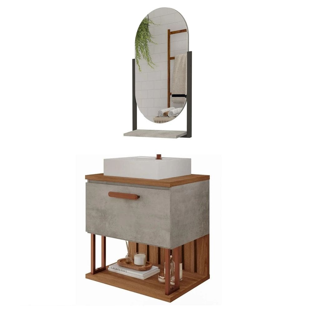 Armário De Banheiro 60cm Mdf Com Cuba E Espelheira Cimento