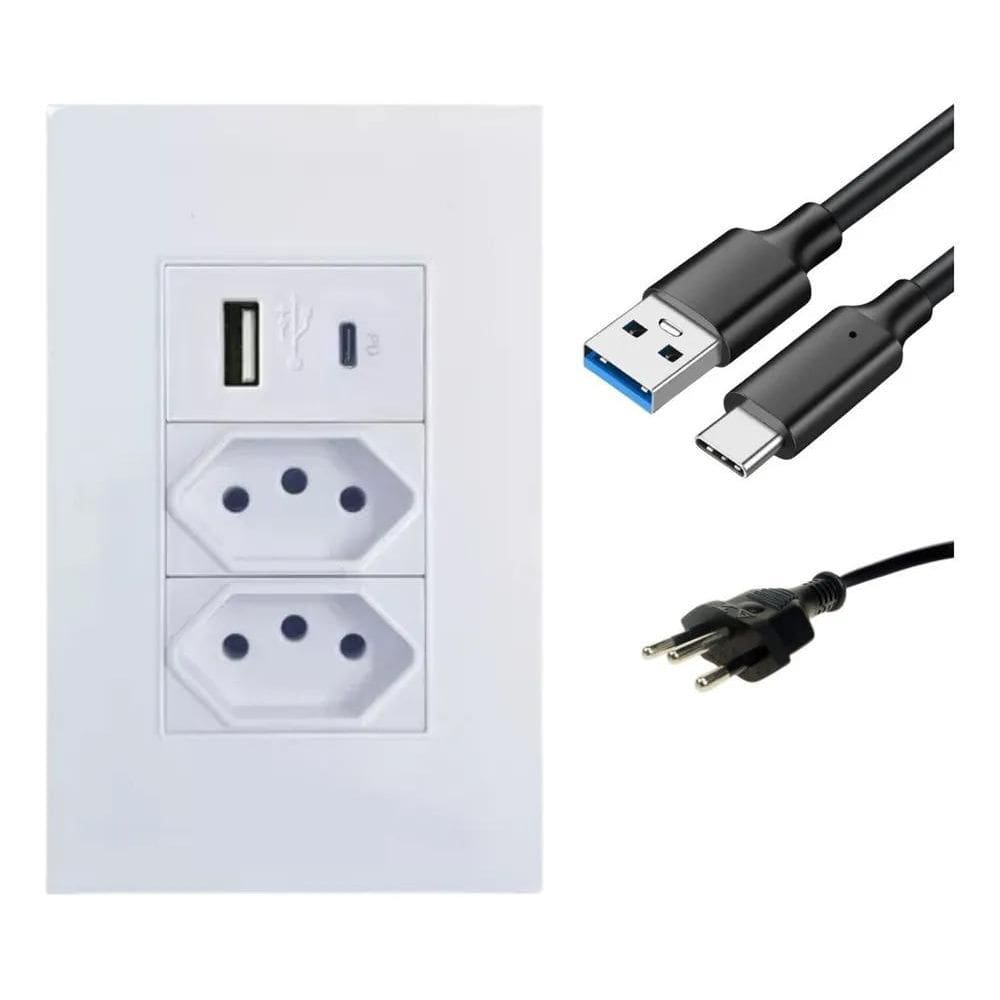 2X Tomada Dupla Usb Tipo C Com Espelho Parede Universal Bivo