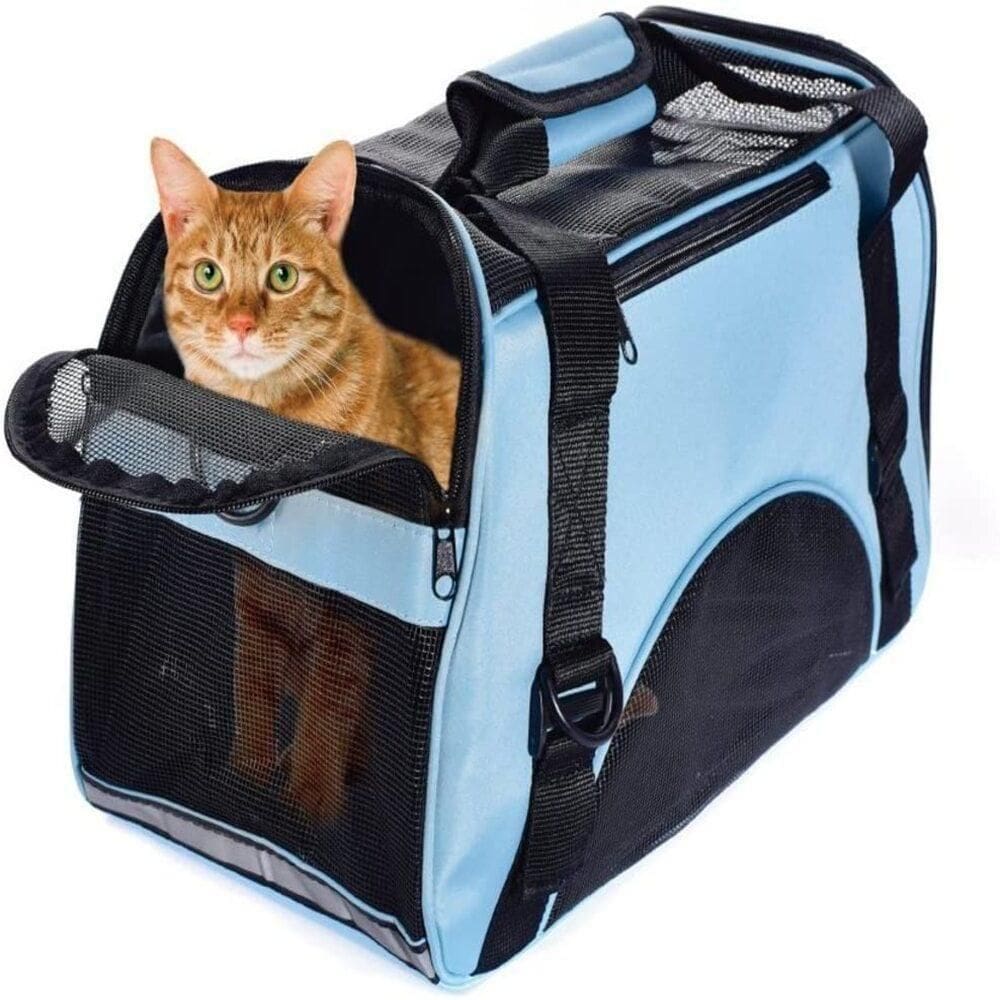 Mochila Pet Bolsa Transporte Azul Dobrável Para Cães E Gatos Tipo Canguru Viagem Avião E Carro
