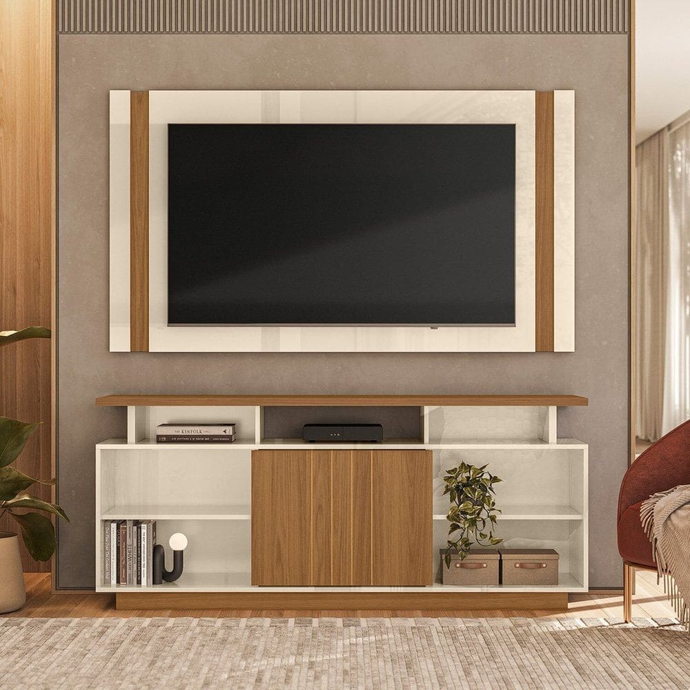 Rack Salvador com Painel Real para Tv 65 Polegadas Off White / Amendoa