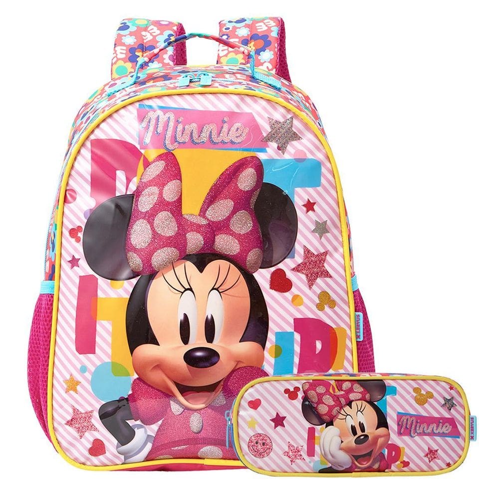 Mochila Minnie Alças Infantil Com Estojo Escolar Disney