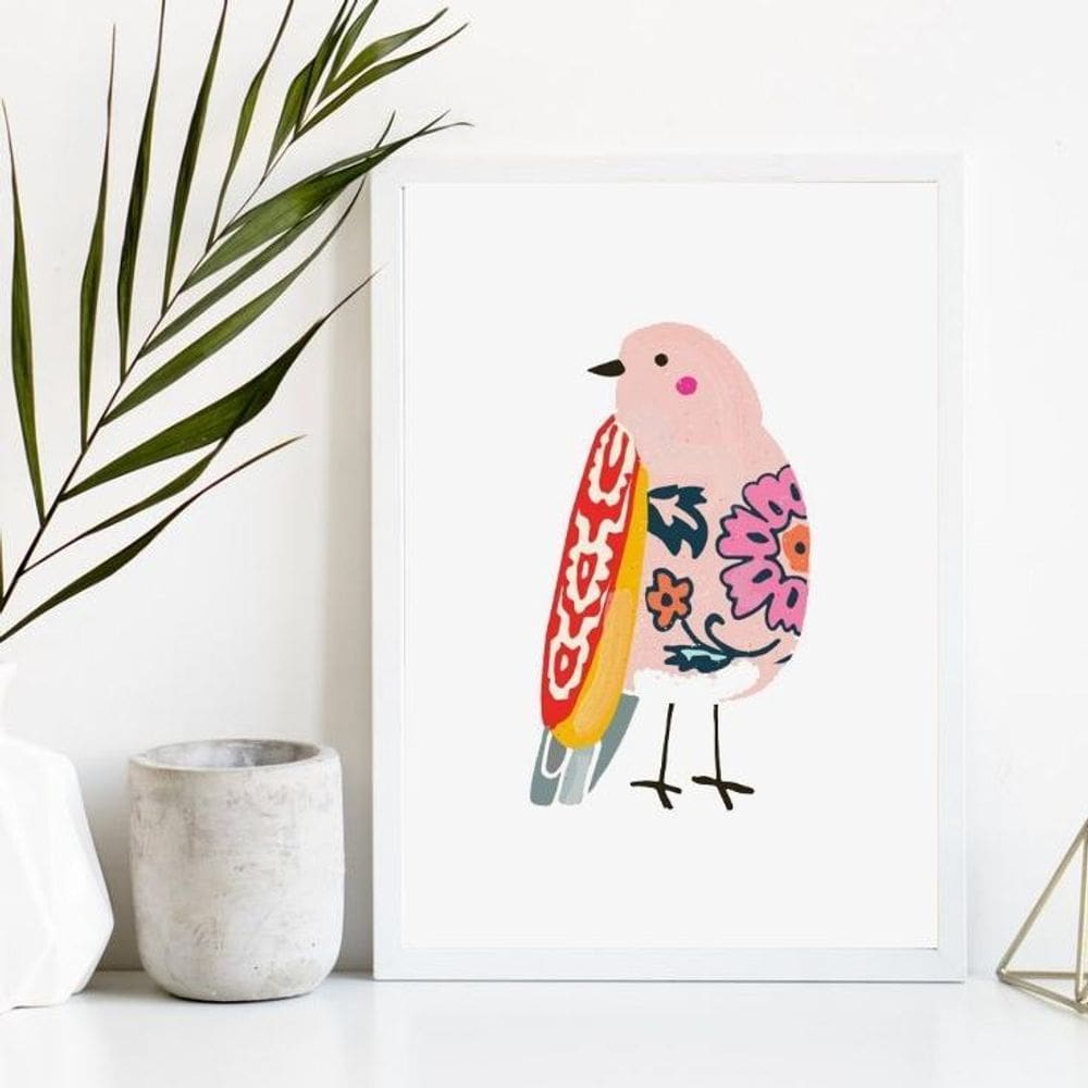 Quadro Passarinho Floral 45x34cm Moldura Preta