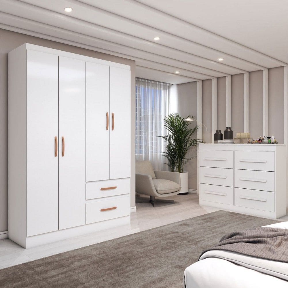 Guarda-Roupa Solteiro Europa 4 Portas 2 Gavetas e Cômoda 6 Gavetas Branco - Panorama Móveis