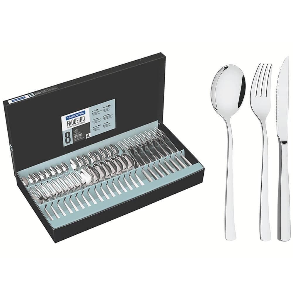 Faqueiro Tramontina Berlin Aço Inox com Facas p/ Churrasco Forjada Acab. Alto Brilho 48 Pçs 66934144