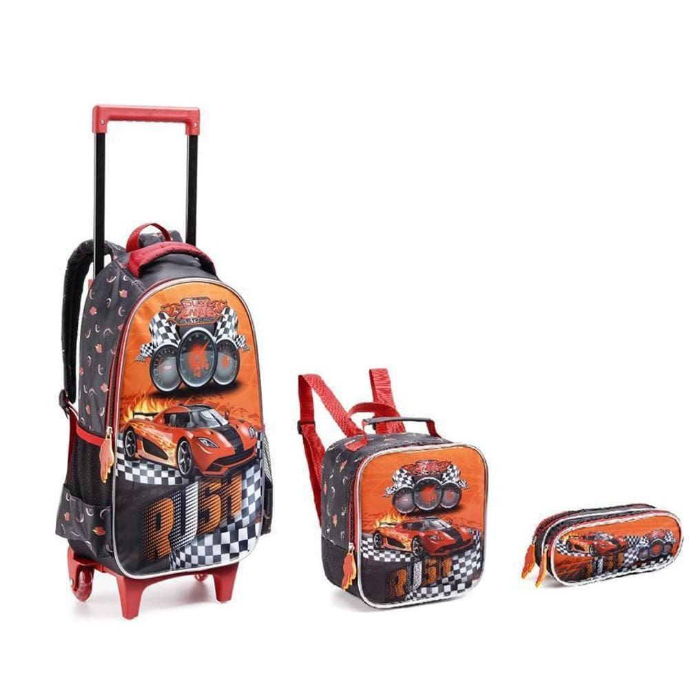 Kit Escolar Mochila Com Rodinhas Menino Carros Corrida 2023