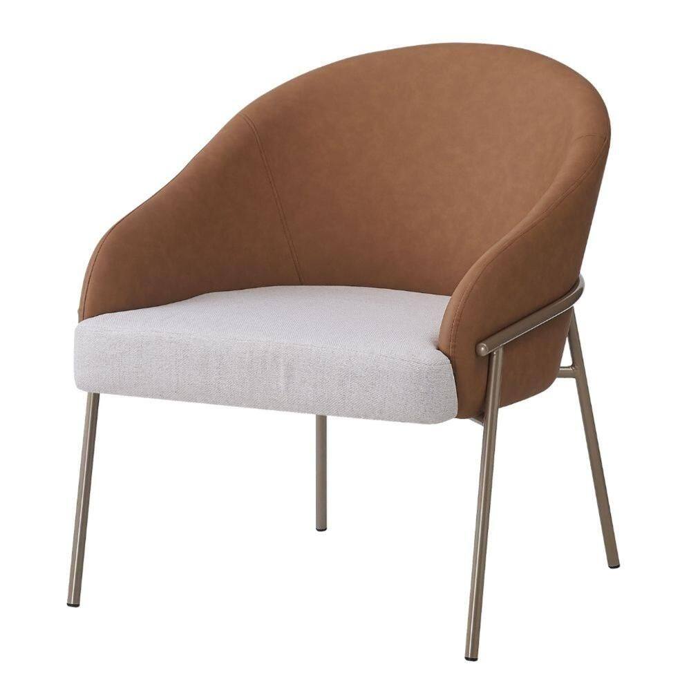 Poltrona Inhotim Fratini Assento em Tecido Nude e Encosto em PU Caramelo Base Aço Champagne