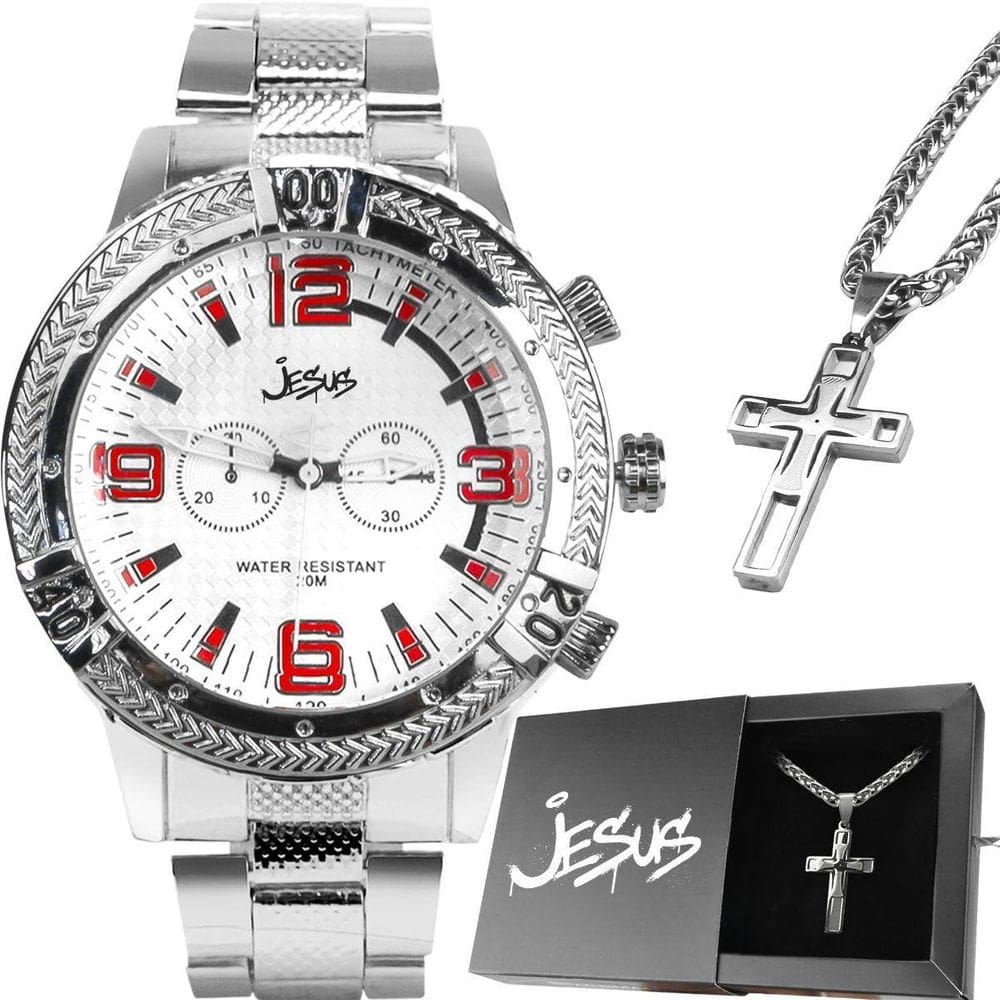 Relógio Aço Inox Masculino Prata + Cordão Pingente Caixa