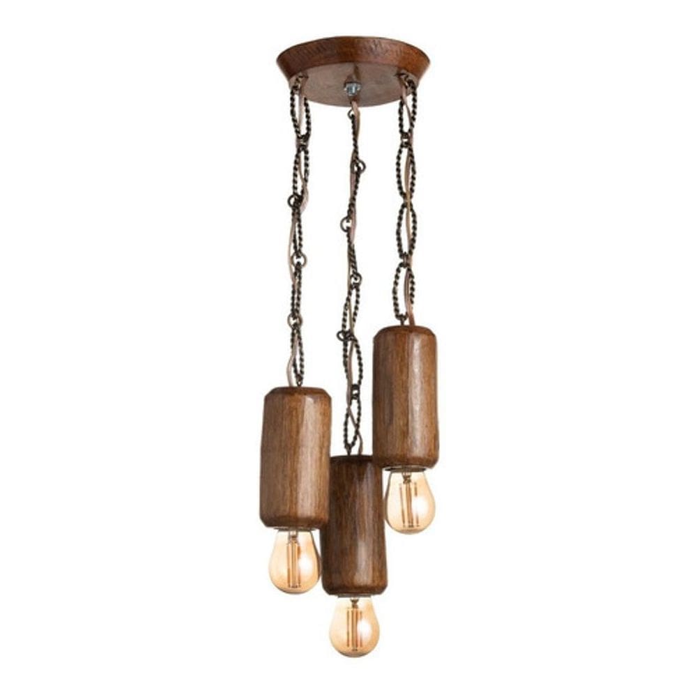 Lustre Pendente Colonial Em Tronco De Madeira Rústico 80Cm